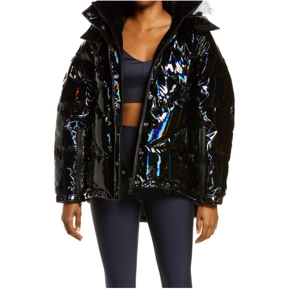 blanc noir Jackets & Blazers - Blanc Noir Black Holographic Hooded Puffer Jacket Removable Faux Fur Hood NWT M